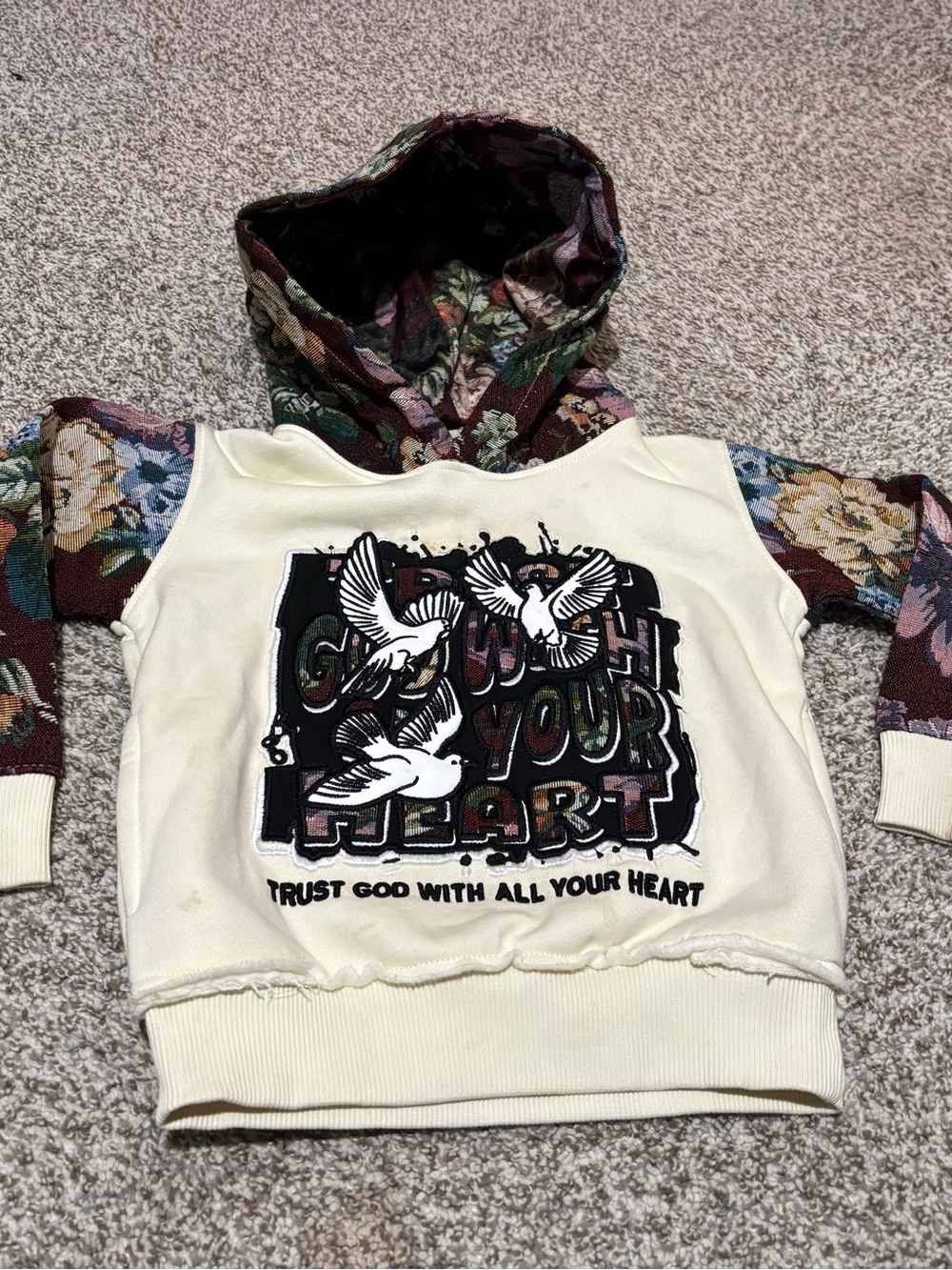 Cream Hooded Sweatshirt with Floral Sleeves and Dove Graphic